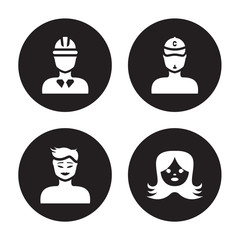 4 vector icon set : Construction worker, Chinese face, Coach Child face isolated on black background
