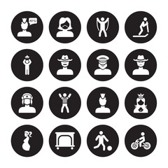 16 vector icon set : Swear, Playing with a Ball, Playpen, pregnant, Princess face, Person Biking, Showering, Russian man Sailor face isolated on black background
