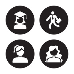 4 vector icon set : Graduated, Girl face with ponytails, Going to work, long hair isolated on black background
