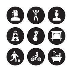 9 vector icon set : Russian man face, Referee man, Playing with a Ball, Playpen, pregnant, Punk Princess Person Biking isolated on black background