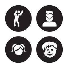 4 vector icon set : Man Dancing, Little girl face, Male User Manager boy face isolated on black background