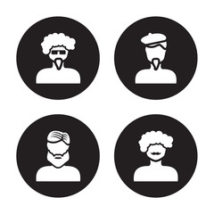 4 vector icon set : Man face with glasses and goatee, beard, beret curly hair moustache isolated on black background