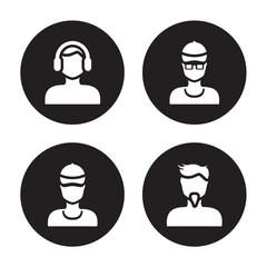 4 vector icon set : Man face with headphones, hat, hat and sunglasses, goatee isolated on black background