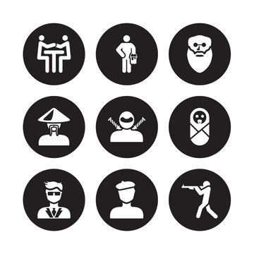 9 vector icon set : People Trading, Painter with Paint Bucket, Manager face, Newborn, Ninja Oldman Old chinese man, Man beret isolated on black background