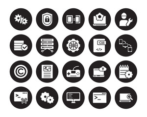 20 vector icon set : Engineering, Code terminal, Coding, Cogwheel, Command, Developer, Css, Console, Copyright, Data storage, Duplicate isolated on black background