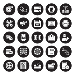 25 vector icon set : Image SEO, Computing, Console, Content, Copyright, Error, Development, Cyberspace, Database, Hardware, Http, Hyperlink isolated on black background.