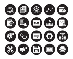 20 vector icon set : Php, Error 404, Floppy disk, Game development, Hardware, Mysql, Keyboard and mouse, Http, Image SEO, Mobile app, Optimization isolated on black background