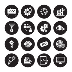 16 vector icon set : seo Monitoring, Script, Search, Search engine, Secu network, Screen, Funnel, SEO Badge, Seo Configuration isolated on black background