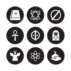 9 vector icon set : Bible, Bahai, Angel, Anglican, animism, atheism, Ankh, agnosticism isolated on black background