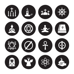16 vector icon set : Candles, agnosticism, Angel, Anglican, animism, Abrahamic, Buddha, Bahai, Zen isolated on black background