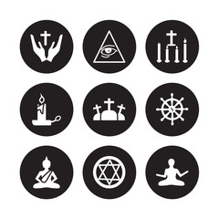 9 vector icon set : Christian, Cao dai, Buddha, Buddhism, Calvary, Candles, candle, blasphemy isolated on black background