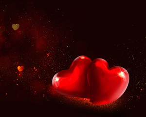 Fototapeta premium Two Glass Red Hearts on dark background. Valentine's Day Background.