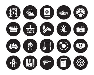 20 vector icon set : Tesla coil, Beaker, Blaster, Chemical, Droid, Radioactivity, Microorganism, Experiment, H2o, Newton, Science book isolated on black background