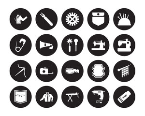 20 vector icon set : Sew Pattern, Hot glue, Ironing Board, Jacket, Jeans pocket, Pin cushion, Old sewing machine, Measurement, Needle, Paint tube isolated on black background