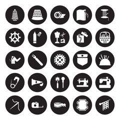 25 vector icon set : Thread, Leather, Measurement, Measuring tape, Needle, Sewing basket, Pocket, Overstitch, Pin, Spokes, Tape, Thimble isolated on black background.