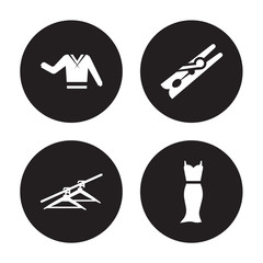 4 vector icon set : Clothing, Clothes hanger, Clothespin, isolated on black background