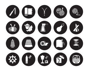 20 vector icon set : crochet hook, Sewing box, sewing Craft, Marker, Spokes, Yarn, Threader, Tape, Thread, Wool, Zipper isolated on black background