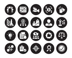 20 vector icon set : Cooperation, Achievement, Aim, Approval, Attitude, Clap, Businessman professional, Brainstorm, Bulb, Ceo, Commission isolated on black background