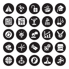 25 vector icon set : Paper plane, First, Fist, Flowchart, Focus, Innovation, Grow, Gift voucher, Gold Ingots, Maze, Open padlock, Overcome isolated on black background.