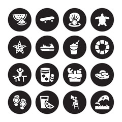 16 vector icon set : Slice of melon, Life guard, Lime juice, Pair flip flops, Pamela hat, Jumping Dolphin, Sea star, Relax, Sand bucket and shovel isolated on black background