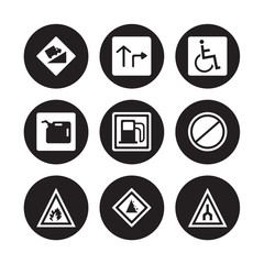 9 vector icon set : Hill, Highway, Fire, Forbidden, Gas station, Handicap, Gasoline, Falling rocks isolated on black background
