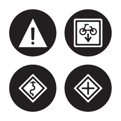 4 vector icon set : Danger, Curves, Cycle lane, Crossroad isolated on black background