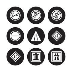 9 vector icon set : No smoking, parking, Narrow bridge, lane, road, mobile phone, entry, Museum isolated on black background