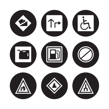9 vector icon set : Hill, Highway, Fire, Forbidden, Gas station, Handicap, Gasoline, Falling rocks isolated on black background