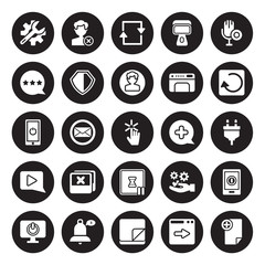 25 vector icon set : Repair tools, Next Page, Note, Notification, Off, Previous, Plus, Pause, Play Button, Rating, Refresh, Remove isolated on black background.