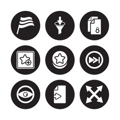 9 vector icon set : Flag, Filter, Eye, Fast forward, Favorites Button, Files, Favourite, Export isolated on black background