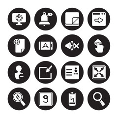 16 vector icon set : Off, Low battery, Lowercase, Magnifying glass, Maximize, Loupe, New File, Minus, Mute isolated on black background