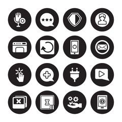 16 vector icon set : Reader, Options, Pause, Photos, Play Button, On, Print, Pointer, Power isolated on black background