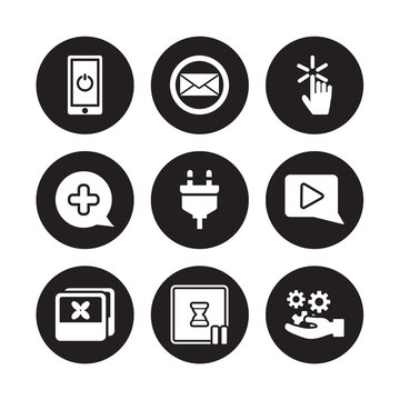 9 vector icon set : Power, Post, Photos, Play Button, Plugin, Pointer, Plus, Pause isolated on black background