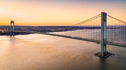 Aerial view of Verrazzano Narrows Bridge at sunset, as viewed from Brooklyn, NY