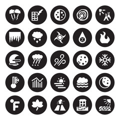 25 vector icon set : Lightning, Earthquake, Eruption, fall, Farenheit, Hot, Full moon, Foggy day, Freezing, Icicle, Last quarter, Light bolt isolated on black background. - obrazy, fototapety, plakaty