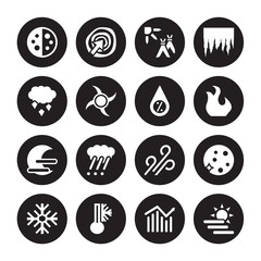 16 vector icon set : Last quarter, Forecast, Freezing, Frost, Full moon, Foggy day, ice pellets, Haze, Humidity isolated on black background - obrazy, fototapety, plakaty