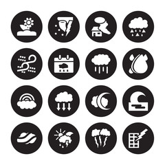 16 vector icon set : Spring, Lightning, meteorology, Mist, Moonrise, Light bolt, Sand storms, Rainbow, Rainfall isolated on black background