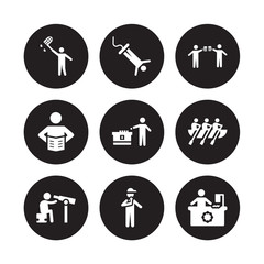 9 vector icon set : Butterfly catcher, Bungee jumping, Bird watching, Boat race, Boggle, Brewing, Boy Reading, Beatboxing isolated on black background