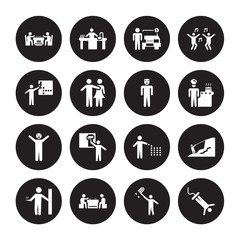 Fototapeta premium 16 vector icon set : Dominoes, Butterfly catcher, Checkers, Cigarette, Climbing, Bungee jumping, Crossword, Comic, Cosplaying isolated on black background