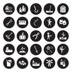 Fototapeta premium 25 vector icon set : Smart farm, Mill, Mower, Mushroom, Pail, Sack, Pruners, Pitchfork, plant Seeds, Shears, Sickle, Silo isolated on black background.