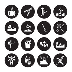 16 vector icon set : Pumpkin, Manure, Milk bottle, Mill, Mower, Legume, plant Seeds, Pesticide, Pitchfork isolated on black background