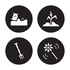 4 vector icon set : plant Seeds, Pitchfork, Plant, Pinwheel isolated on black background