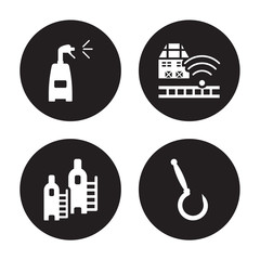 4 vector icon set : Sprayer, Silo, Smart farm, Sickle isolated on black background