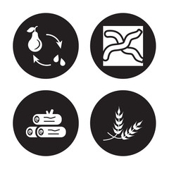 4 vector icon set : crop rotation, wood logs, Worm, Wheat isolated on black background