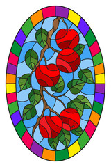 Illustration in the style of a stained glass window with the branches of Apple trees , the fruit branches and leaves against the sky,oval image in bright frame 