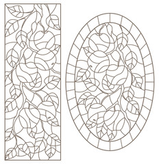 Set of contour illustrations of stained glass Windows with tree branches, Apple tree branch, dark contours on white background,rectangular and oval images