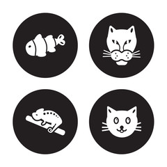 4 vector icon set : Clown fish, Chameleon, Cheetah, Cat isolated on black background