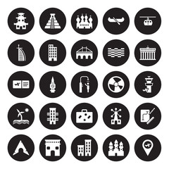 25 vector icon set : Chinese Temple, Angkor wat, Apartments, Arc de triomphe, Arch, Brandenburg, Beach ball, Baggage, Beach, Burj al arab isolated on black background.