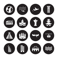 16 vector icon set : Earth globe, Bridge, Building, Burj al arab, Cable car, Brickwall, Colosseum, Chichen Itza, Christ the eemer isolated on black background