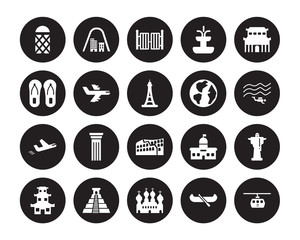 20 vector icon set : Gherkin, Canoe, Cathedral of saint basil, Chichen Itza, Chinese Temple, Forbidden city, Earth globe, Colosseum, Departures, Flight, Gate isolated on black background